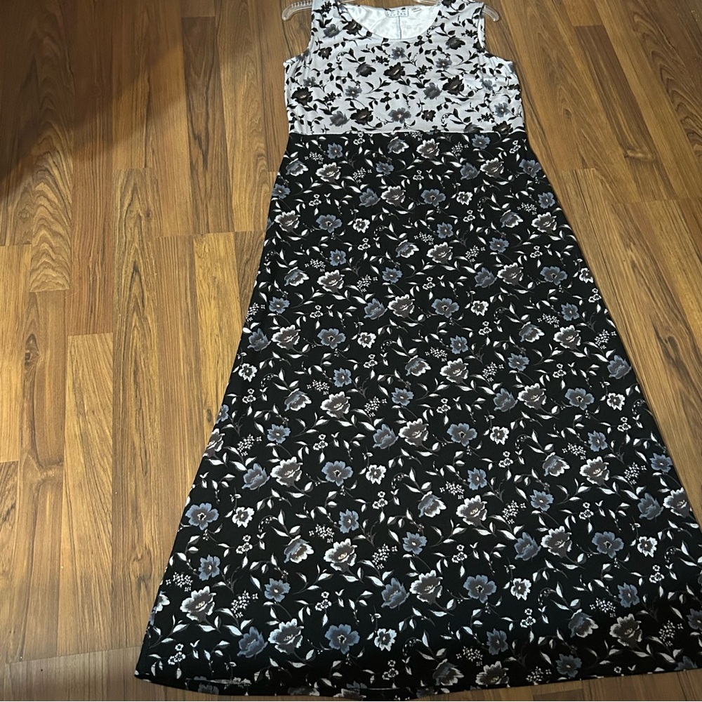 Joan Rivers Floral Print Maxi Dress Stretch Blue Black Gray Sleeveless